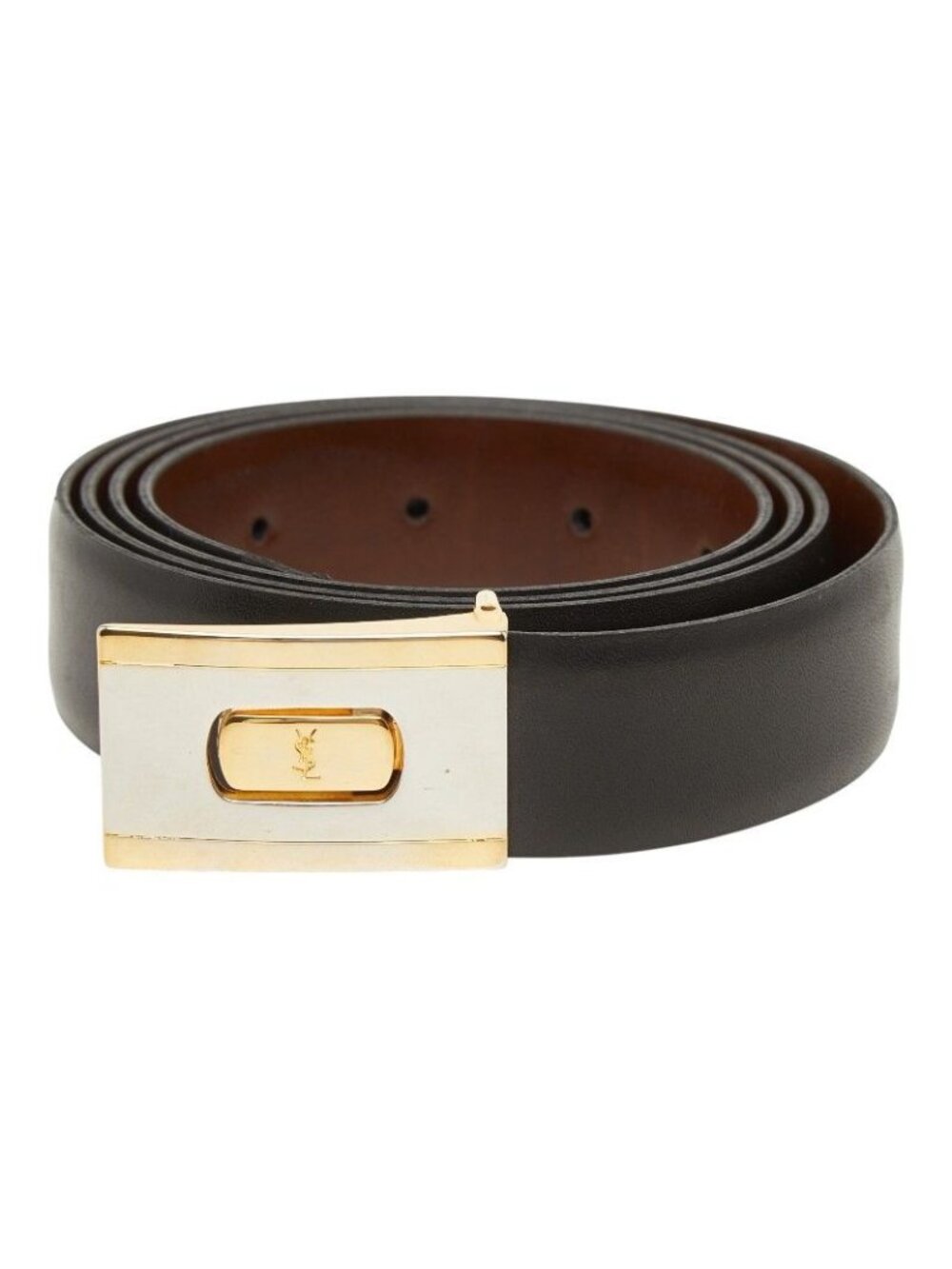 Saint Laurent Vintage Logo Belt Black Brown Leather Plated